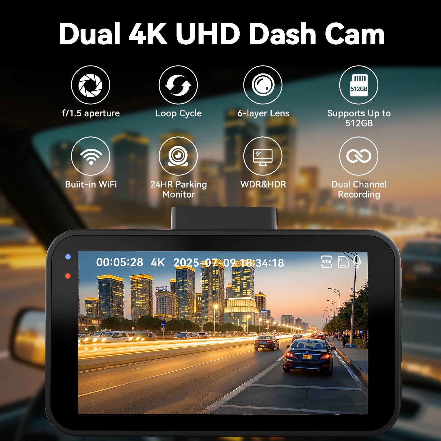 Dash Cam Front and Rear, 4K+4K Full HD Car Camera, 3" IPS Screen, 128GB Card, Built-in 5G Wi-Fi GPS, G-Sensor, Night Vision, Loop Recording, 24H Parking Mode
