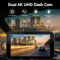 Dash Cam Front and Rear, 4K+4K Full HD Car Camera, 3" IPS Screen, 128GB Card, Built-in 5G Wi-Fi GPS, G-Sensor, Night Vision, Loop Recording, 24H Parking Mode