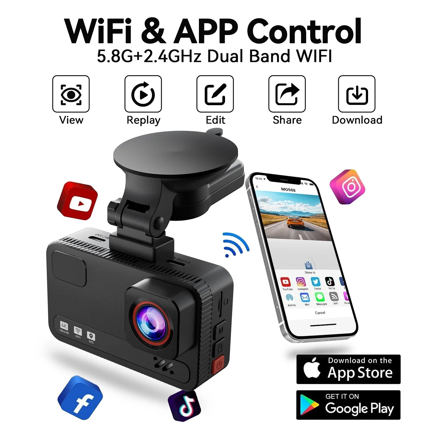 Dash Cam Front and Rear, 4K+4K Full HD Car Camera, 3" IPS Screen, 128GB Card, Built-in 5G Wi-Fi GPS, G-Sensor, Night Vision, Loop Recording, 24H Parking Mode